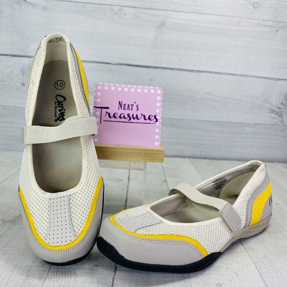 Curves for Women White Gray Yellow Stripe Mary Jane Mesh Lightweight Shoes Sz 10